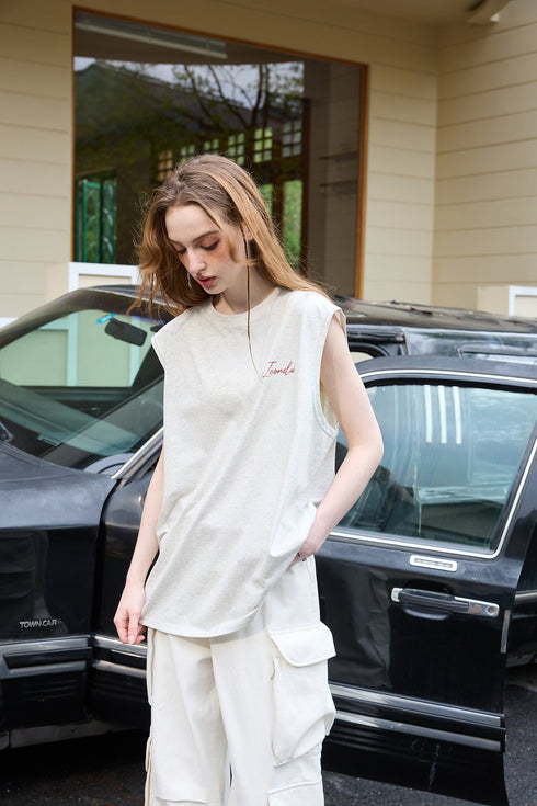 Handwritten Font Outer Wear Sleeveless Drop Shoulder Vest Unisex T-shirt